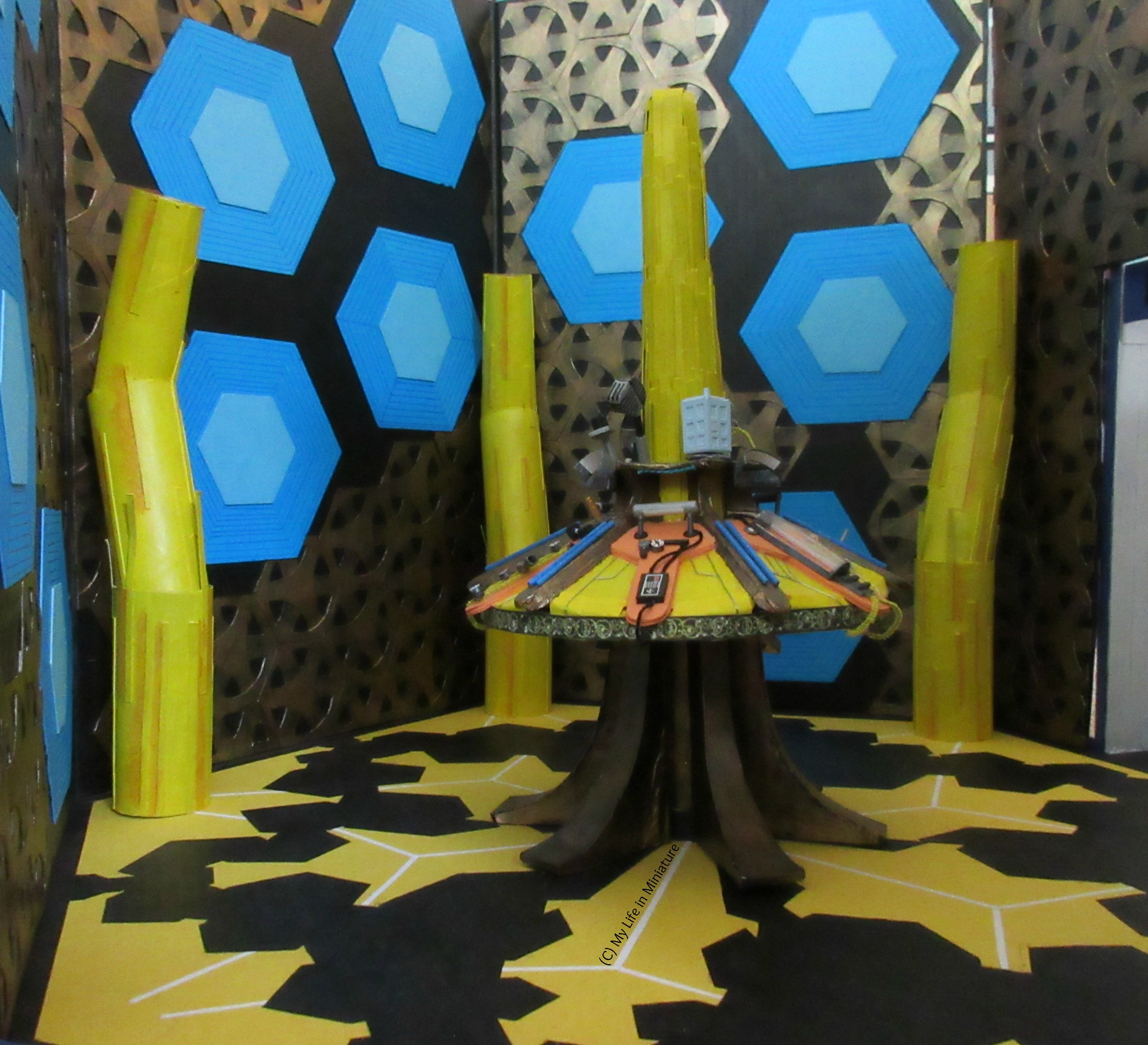 A different eye-level shot of the TARDIS interior set, slightly further towards the entryway. 