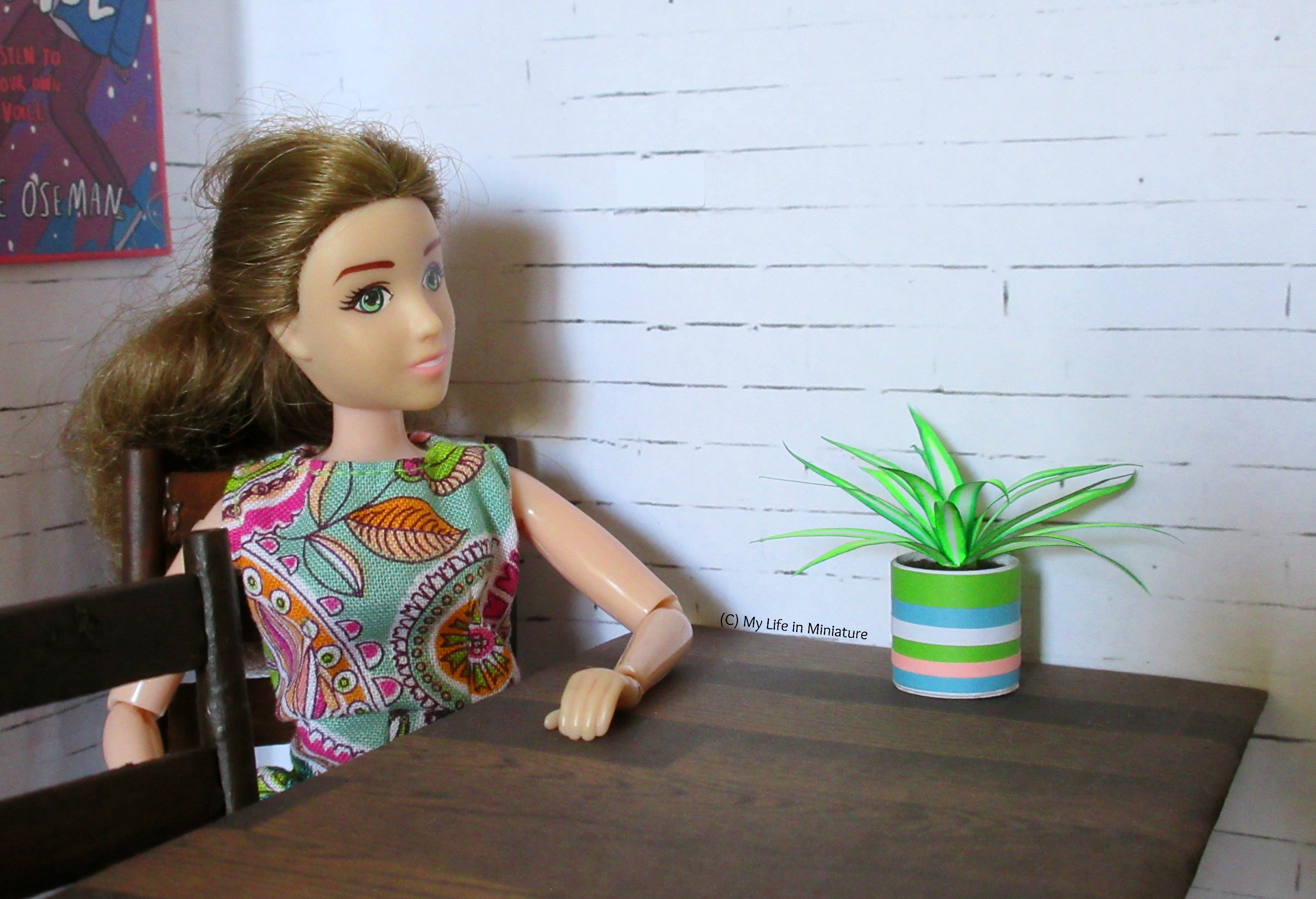 Sarah sits at her dining table, looking at her spiderplant. It sits in the middle of the table, against the wall. 