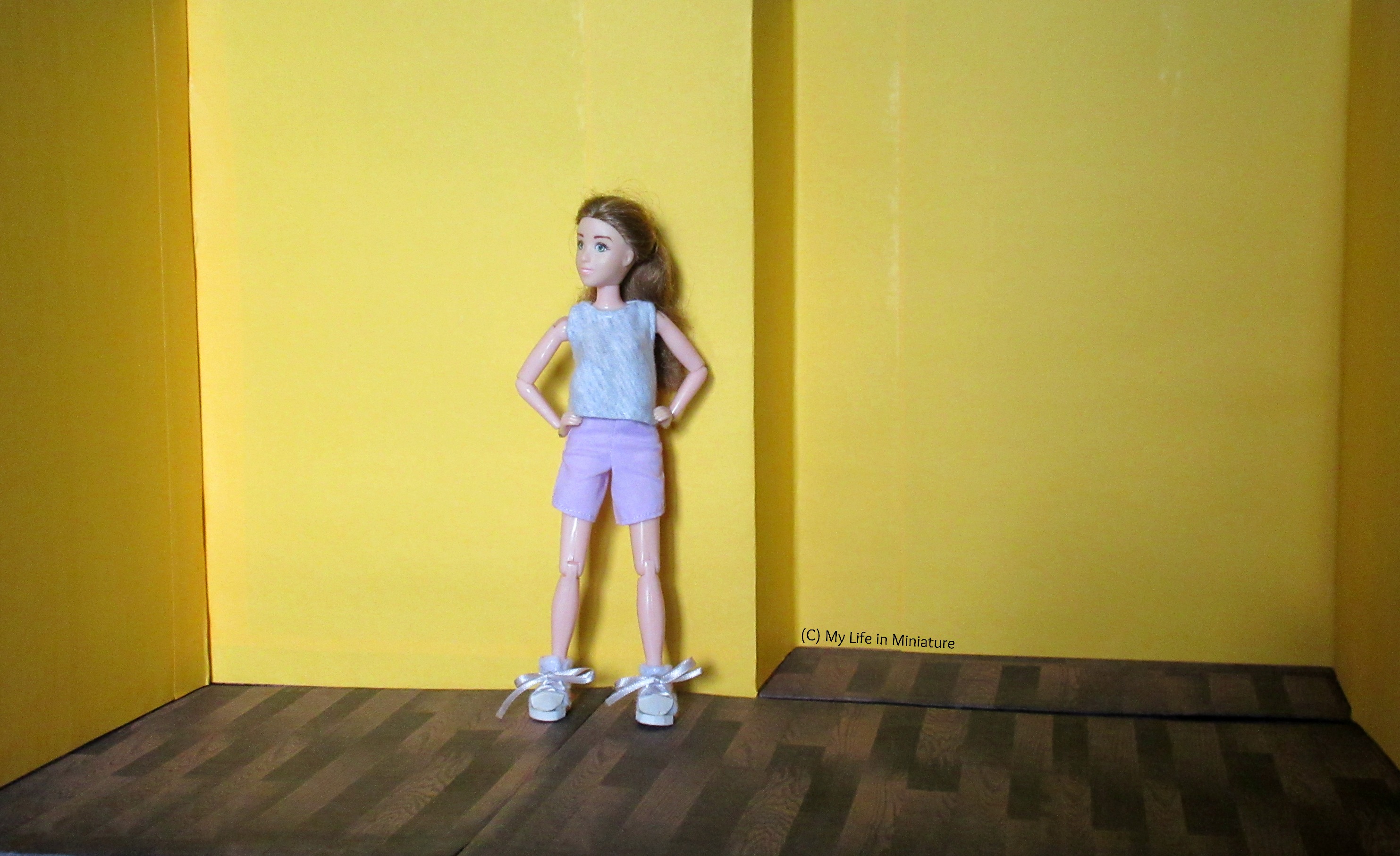 Sarah stands inside an opened-up cereal box. The walls are yellow, and the floor is dark wood. Her hands are on her hips and she looks around the space. 