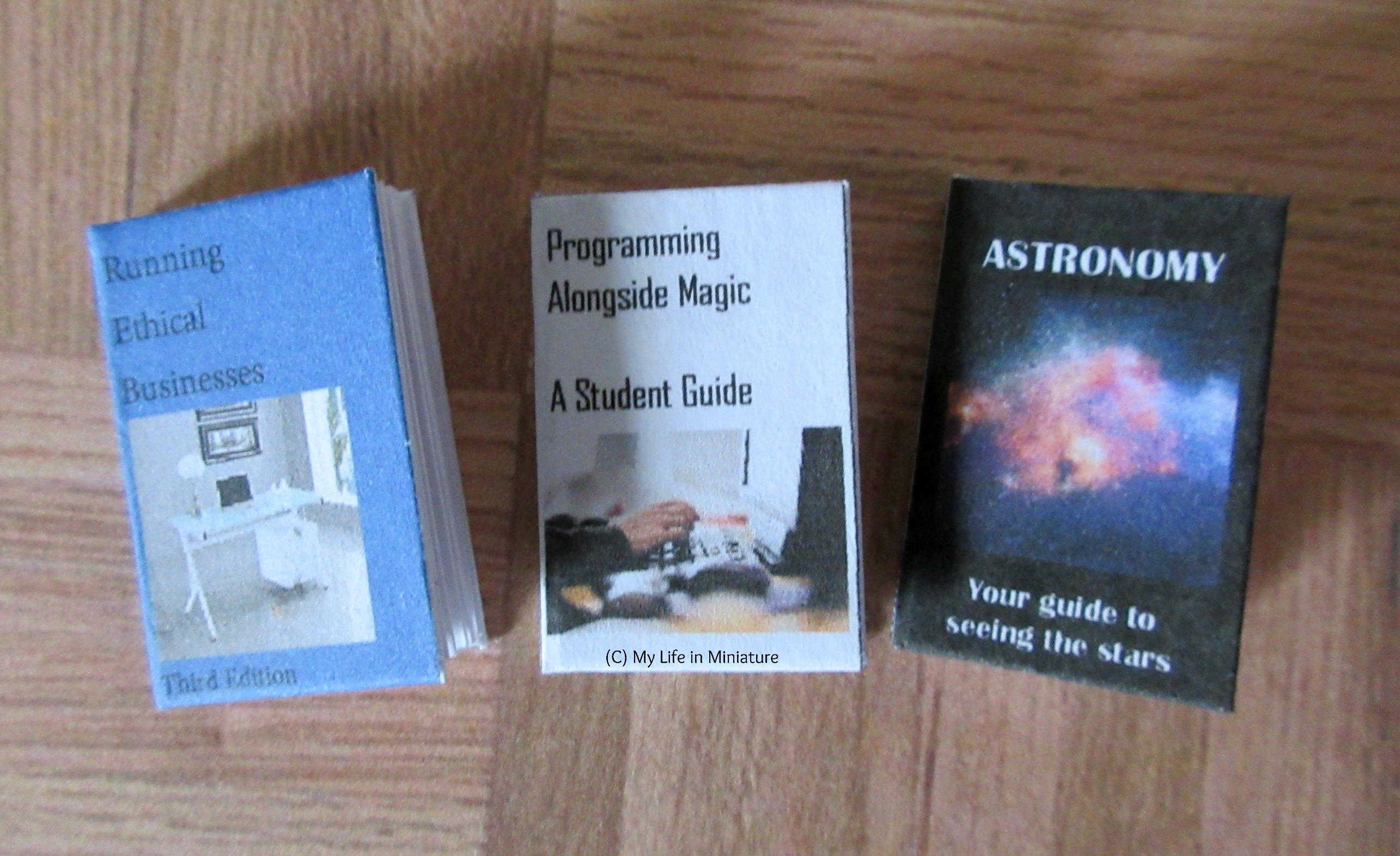 Three miniature textbooks sit on a wood parquet background. Left to right: 'Running Ethical Businesses', 3rd edition; 'Programming Alongside Magic: A Student Guide'; and 'Astronomy: Your Guide to Seeing the Stars'. 