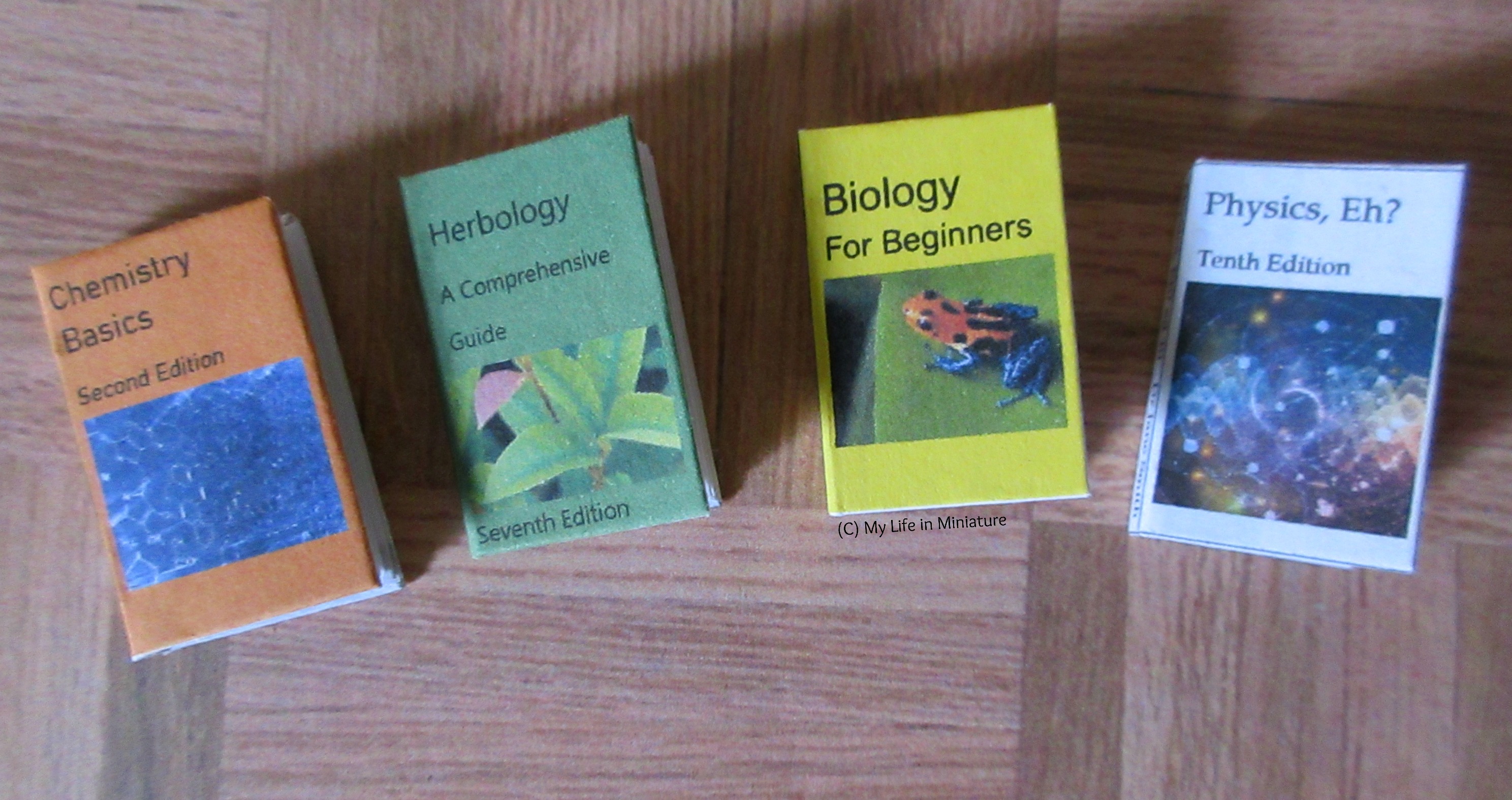 Four textbooks sit on a wood parquet background. Left to right: 'Chemistry Basics' , 2nd edition; 'Herbology: A Comprehensive Guide', 7th edition; 'Biology for Beginners'; and 'Physics, Eh?', 10th edition.