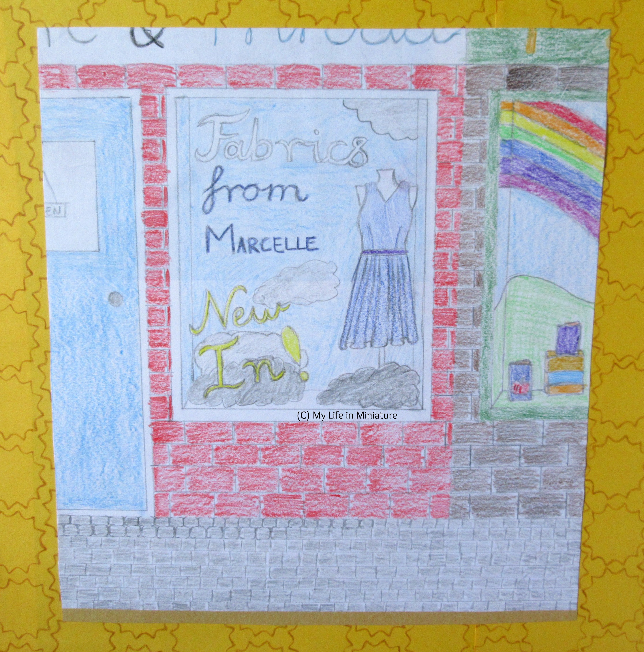 Image shows the window drawing before the addition of the curtains. Across a cobblestoned street, a fabric store's front window is visible, as well as the edge of a bookstore. 