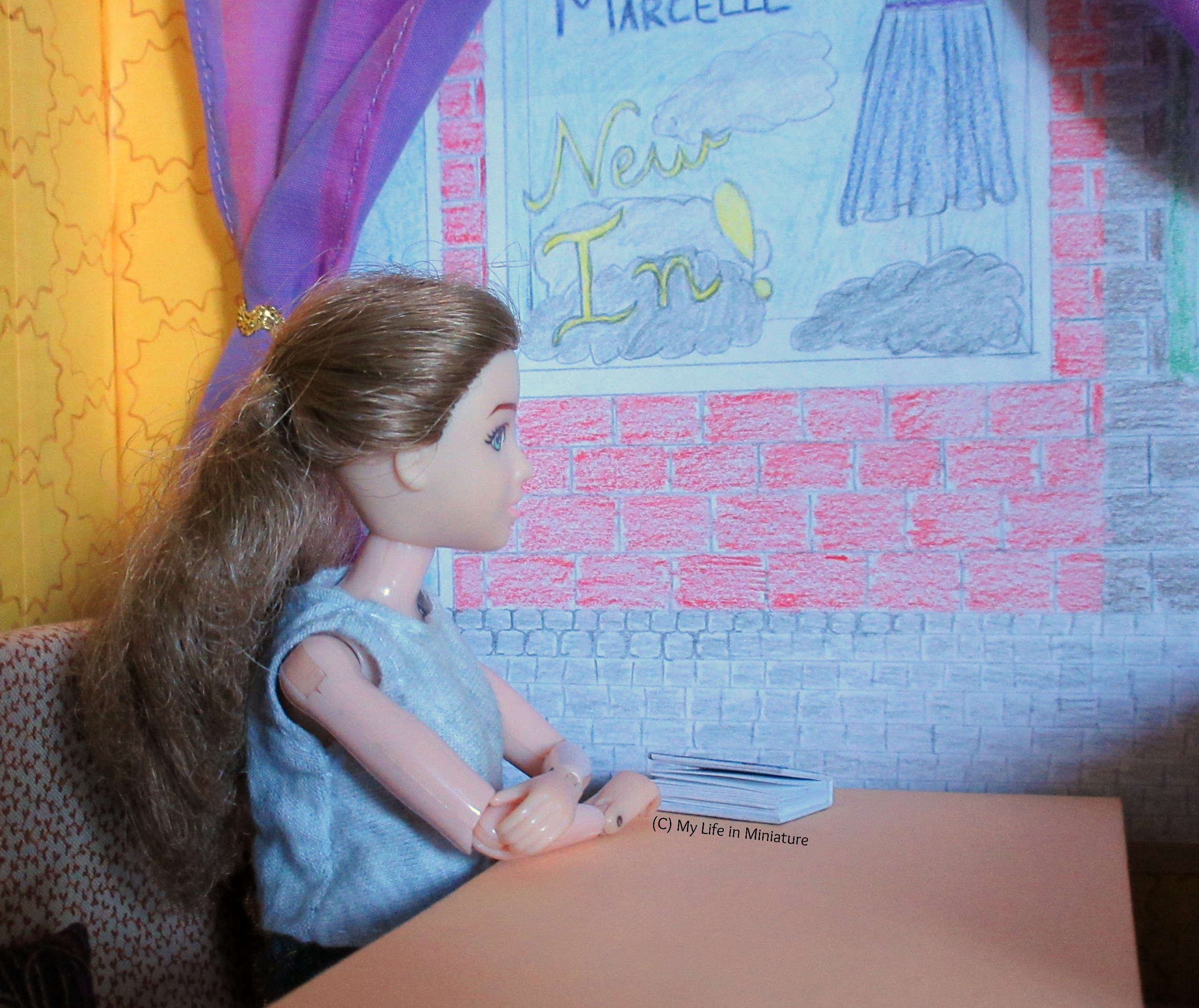 Sarah sits at the booth, looking out the window with arms folded on the table. A curtain is visible behind her.