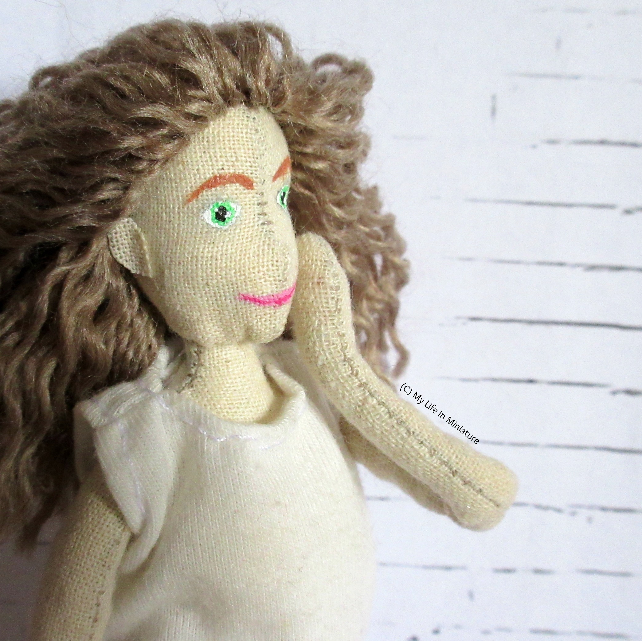 Close-up of the doll's face; she looks to the right of the image. One hand is on her cheek. 