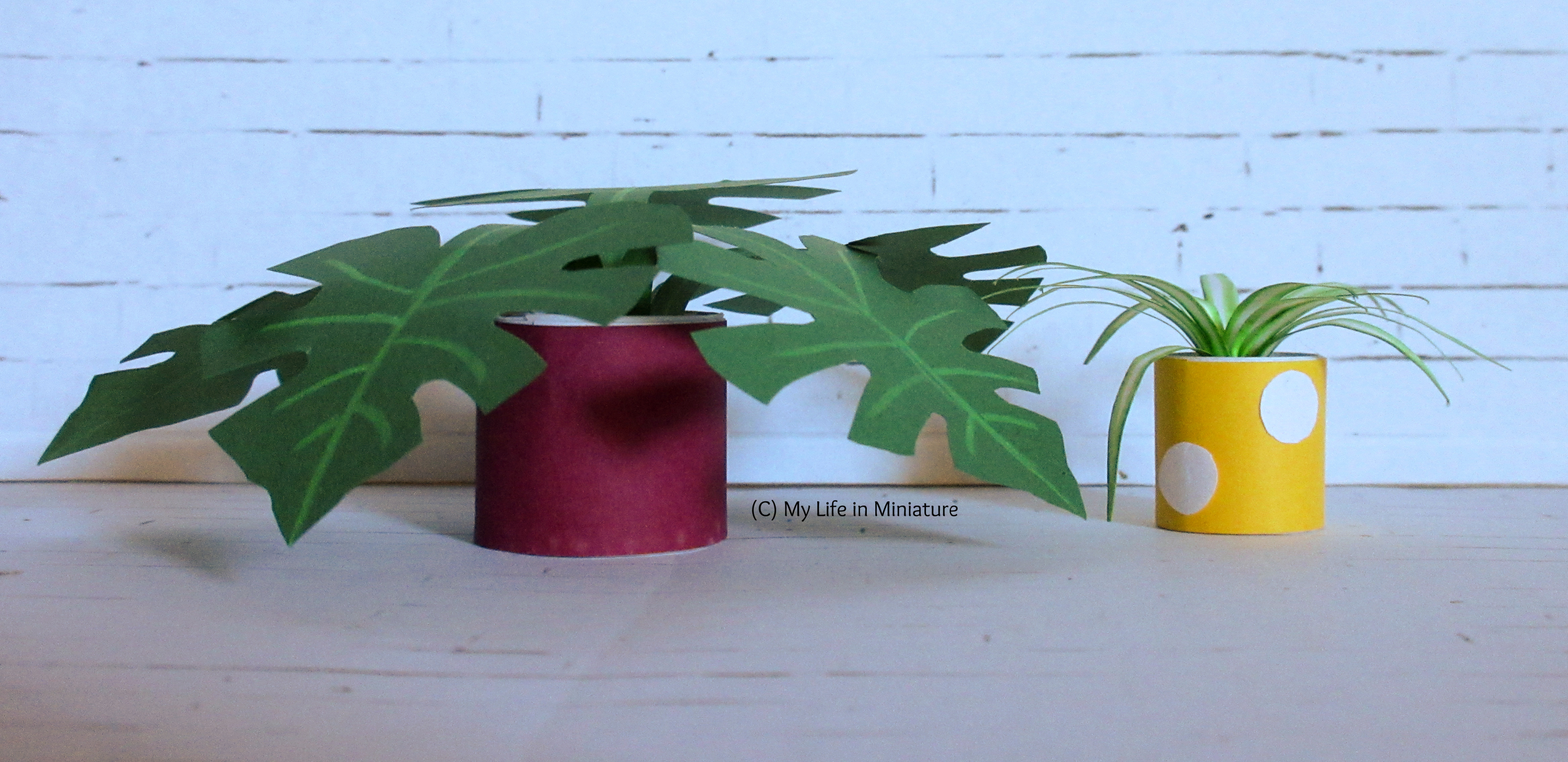 The paper monstera and spider-plant sit against a white brick background. On the left, the monstera has a deep pink pot, and the spider-plant has a yellow pot with big white spots.