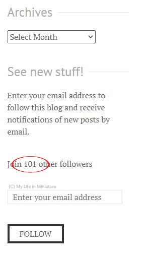 A screenshot from the My Life in Miniature website. It shows the follower count, and some stuff above and below it. The number 101 is circled in red. 