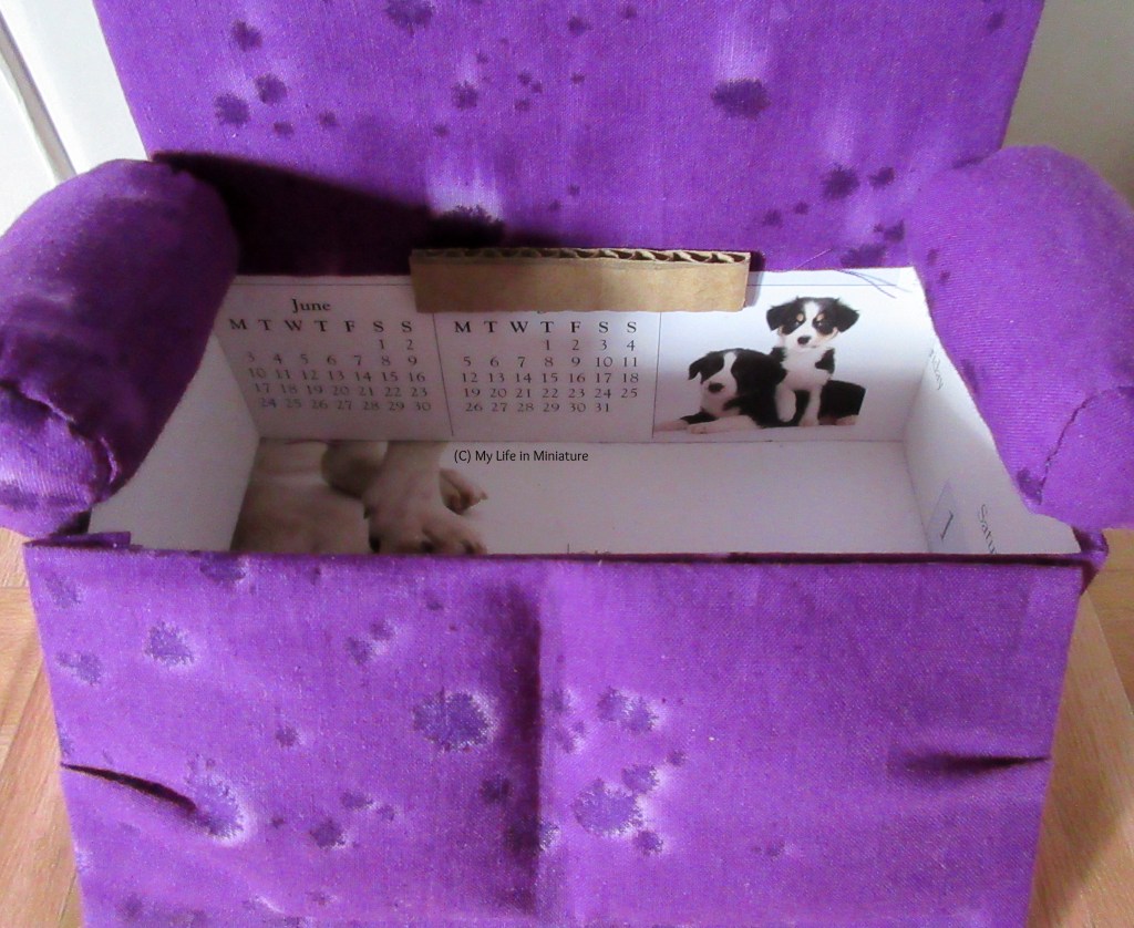 Overhead view of the empty box under the seat of the couch, which has been removed and leans against it. 