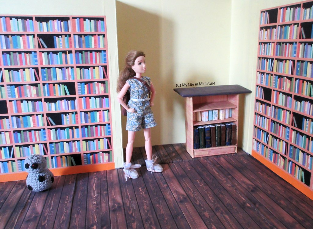 Sarah stands in the interior of The Palace Library, hands on hips, looking around. The interior has pale yellow walls and pale orange bookshelves, filled with books. The floor is dark wood. There is a counter in one corner, and Chip is rolling towards the bottom-left corner of the image. 