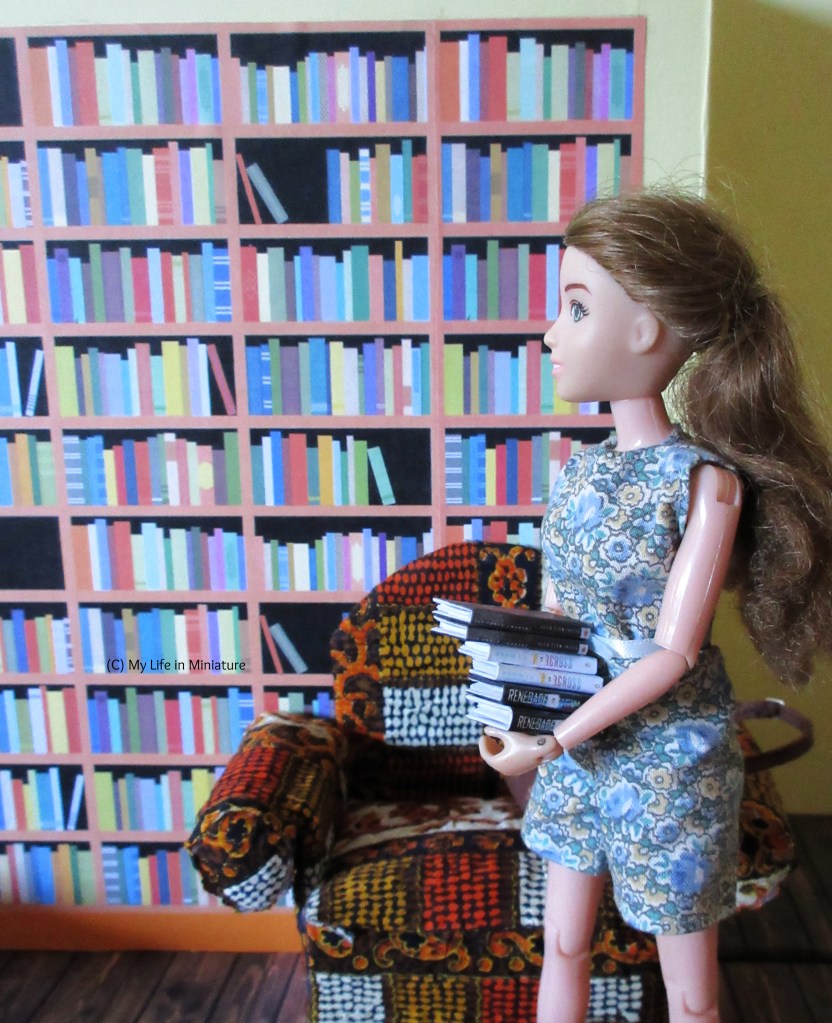 Sarah is walking towards one of The Palace Library's bookshelves, carrying an armful of books to shelve. A brightly coloured/patterned armchair is positioned in front of the shelves, and Sarah walks around it.
