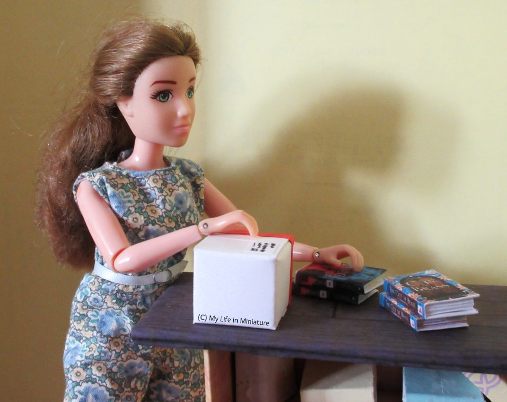 Sarah stands at the makeshift counter of The Palace Library. She is in the middle of unpacking a box of books, placing some on the table while reaching in for more.
