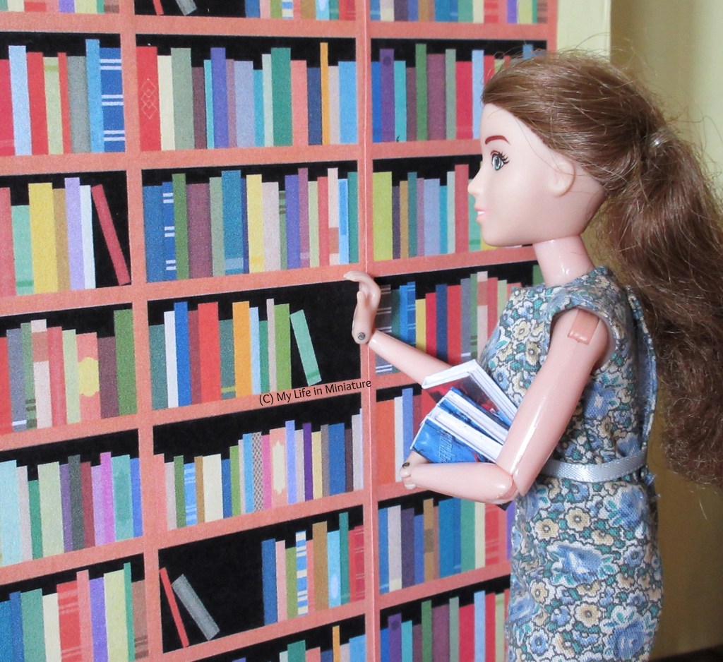 Sarah is shelving some of the newly-unpacked books. She stands at the shelves, placing a book on a shelf and holding three more in her arm.