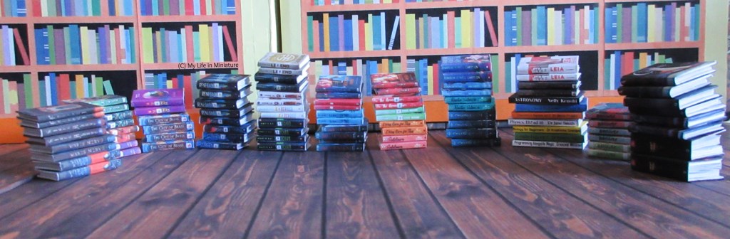 Eleven stacks of miniature books sit on the floor of the Palace Library, with the bookshelves behind them. The stacks vary in height, and some tilt precariously. The image is very wide and short, to fit them all in.