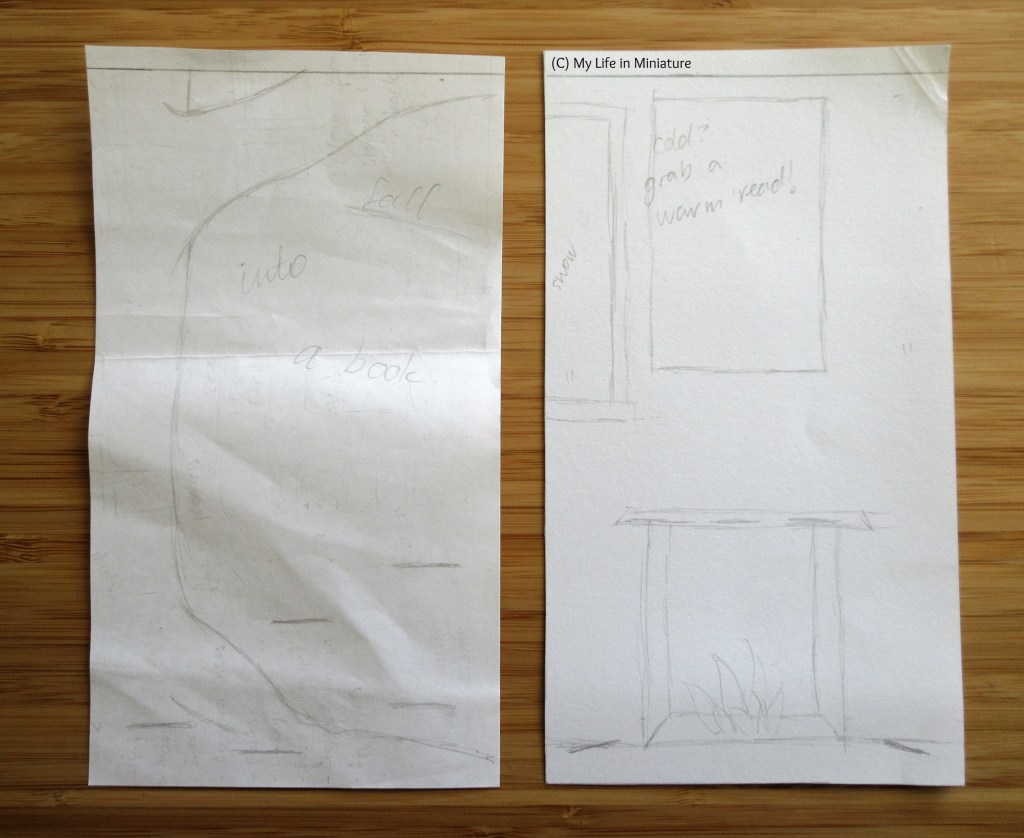 Two rectangular pieces of paper sit on a wood background. They are both sketched with loose pencil drawings of autumnal and wintery window displays for The Palace Library bookstore.