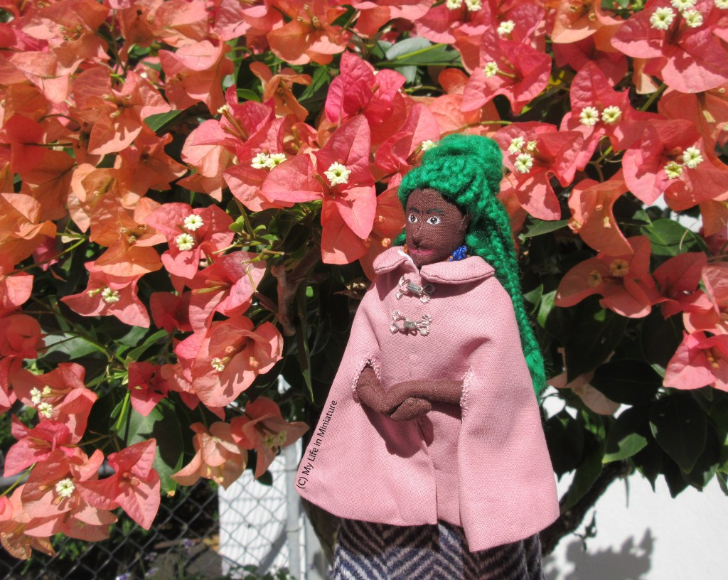 Hazel stands in front of a pink bougainvillea bush, which is covered in flowers. She wears her dusky pink cape with her wool skirt, and has her hands clasped. She looks to her left, at the flowers. 