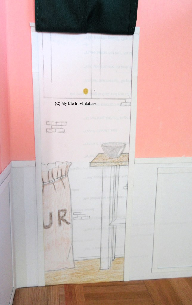 A clearer image of the scene beyond the doorway in Fierro's Bakery. The green curtain is flipped up above the door to reveal a large sack of flour and a worktable. On the table is a silver bowl, and behind the table are some white overhead cupboards attached to the white brick wall.