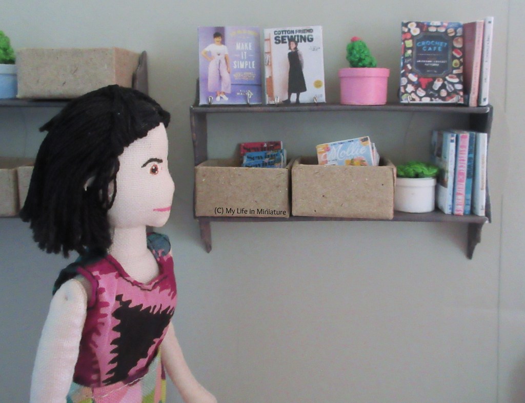 Tiffany looks at the right-hand shelving unit from the left of the image. She wears a sleeveless patterned shirt. This shelf has craft books, craft magazines in baskets, and a couple of cacti on it. Some of the books are facing out, on wire display stands.