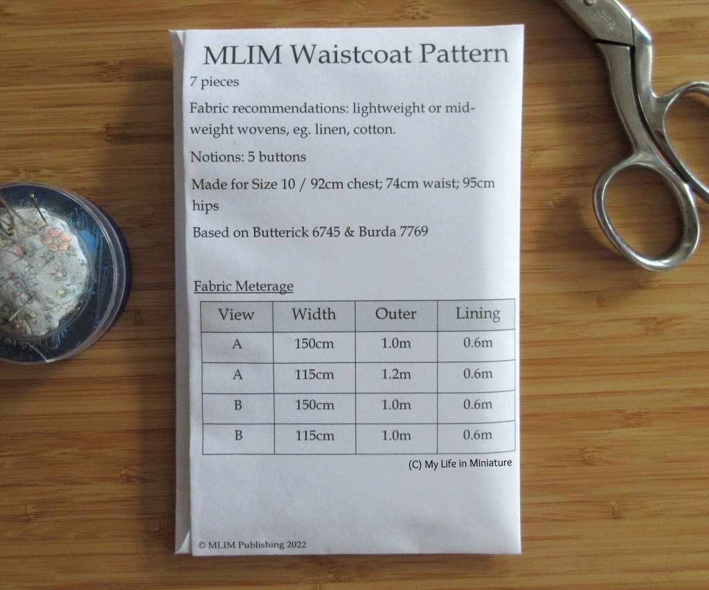 The reverse of the pattern pouch is shown in the flatlay, much the same as the first image. It gives details like the number of pattern pieces, fabric recommendations and lengths required, and notions needed.