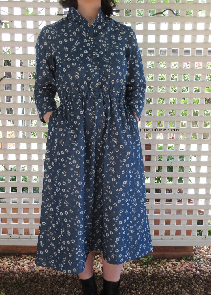 The author stands outsude, undercover against an lattice as a backdrop. She is photographed from the neck down, wearing a blue dress printed with white daisies. The dress has an elastic waistband and a high collar. She has her hands in her pockets, and wears black boots. 