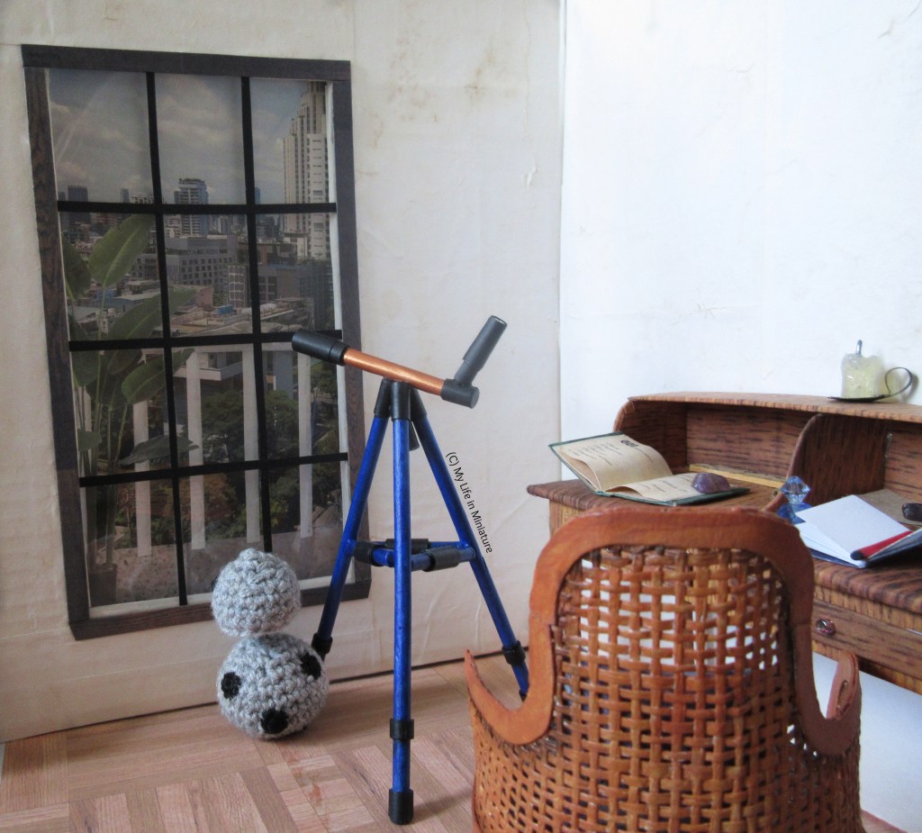 Chip looks out the window near Sarah's desk, beside the telescope. The window has new dark trim, and the inner window frames have been painted black. Sarah's (messy) desk is visible in the foreground, as well as the back of the desk chair. The walls are tea-dyed cream. 