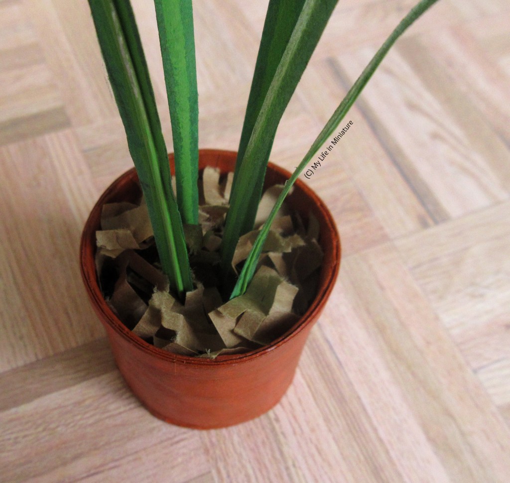 Close-up of the soil in the terracotta pot. Between the five stems, ripped-up and scrunched brown paper fills the pot roughly to the brim. The wire supporting the stems can be seen on a couple of the stems that face the camera. 