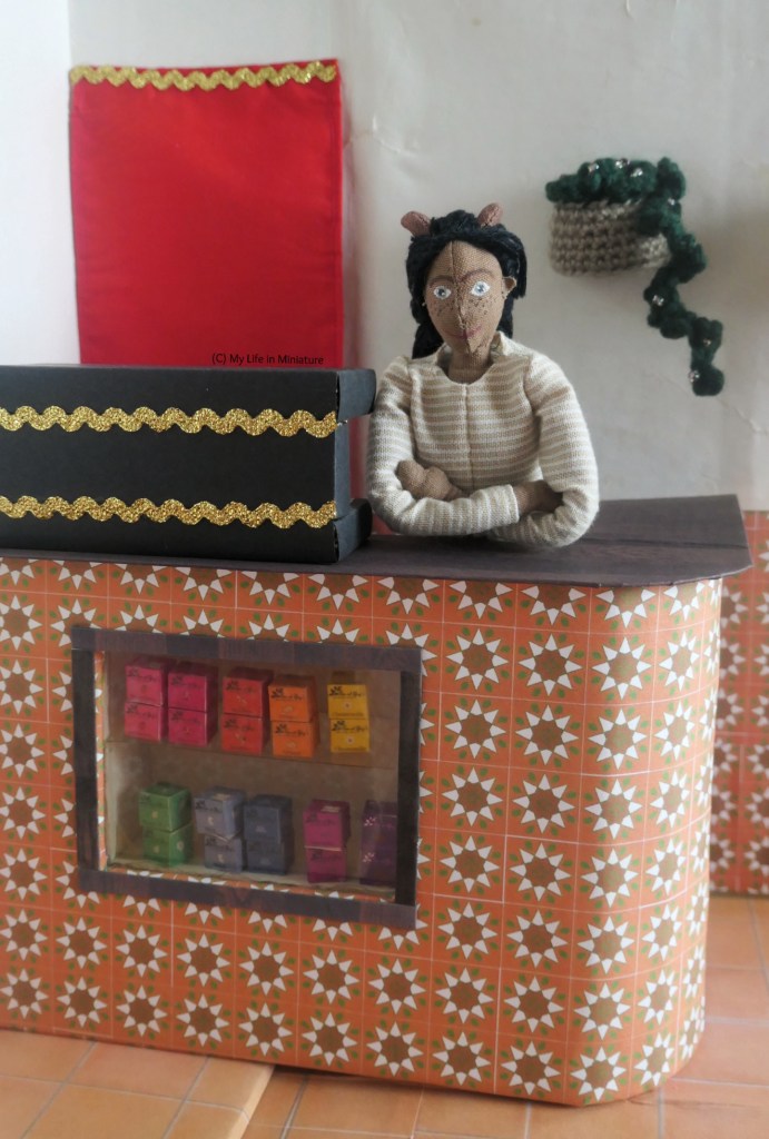 Petra is behind the front counter at Tea at Yaz's, leaning over the countertop with her arms folded, smiling at the camera. The display window in the counter is full of small boxes of tea. The coffee machine is beside Petra on the counter. Behind her head on the wall is a hanging basket. 