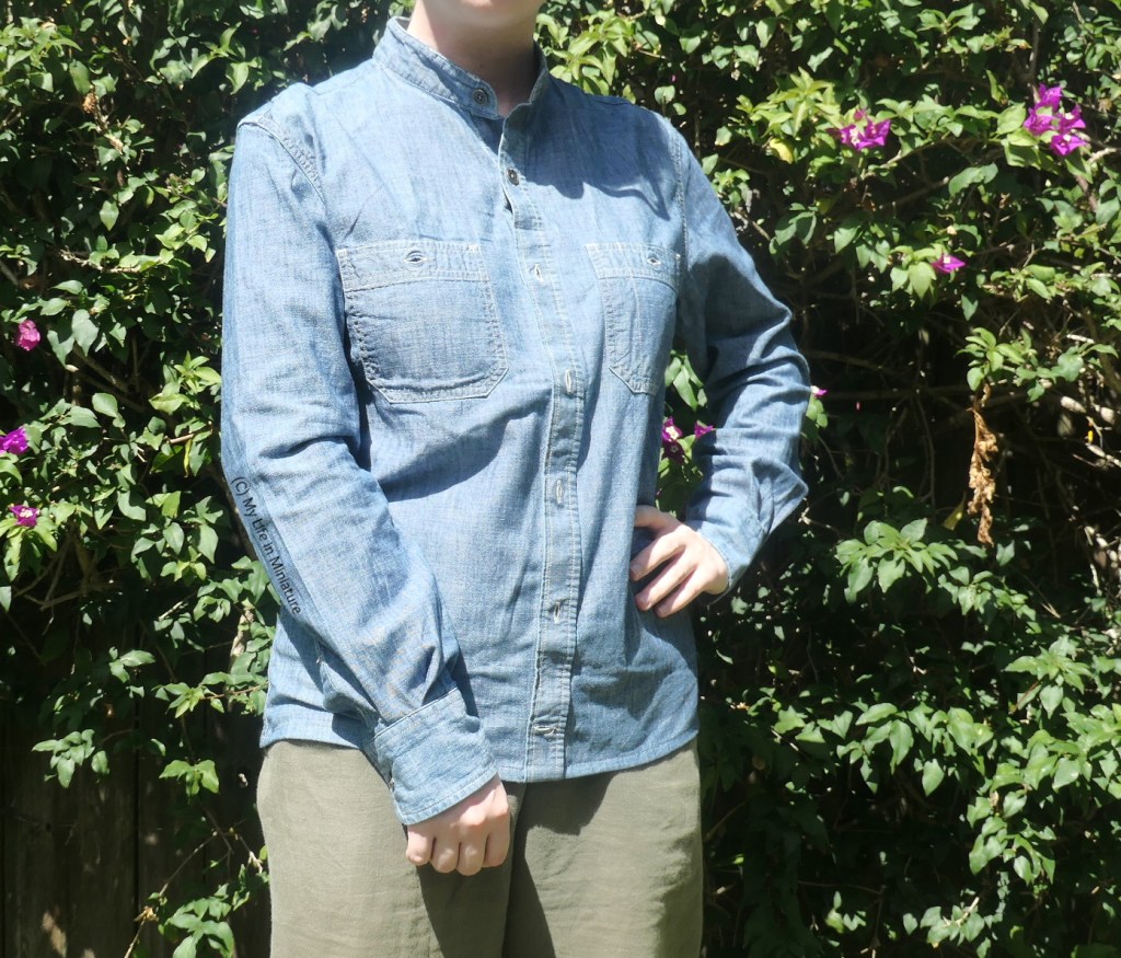 The author wears the chambray blue shirt outside, with a hedge as her background. She has a hand on her hip and the other held in front of her. The shirt has had the front sewn closed, the collar removed, the hem taken up, and the sleeves shortened. 