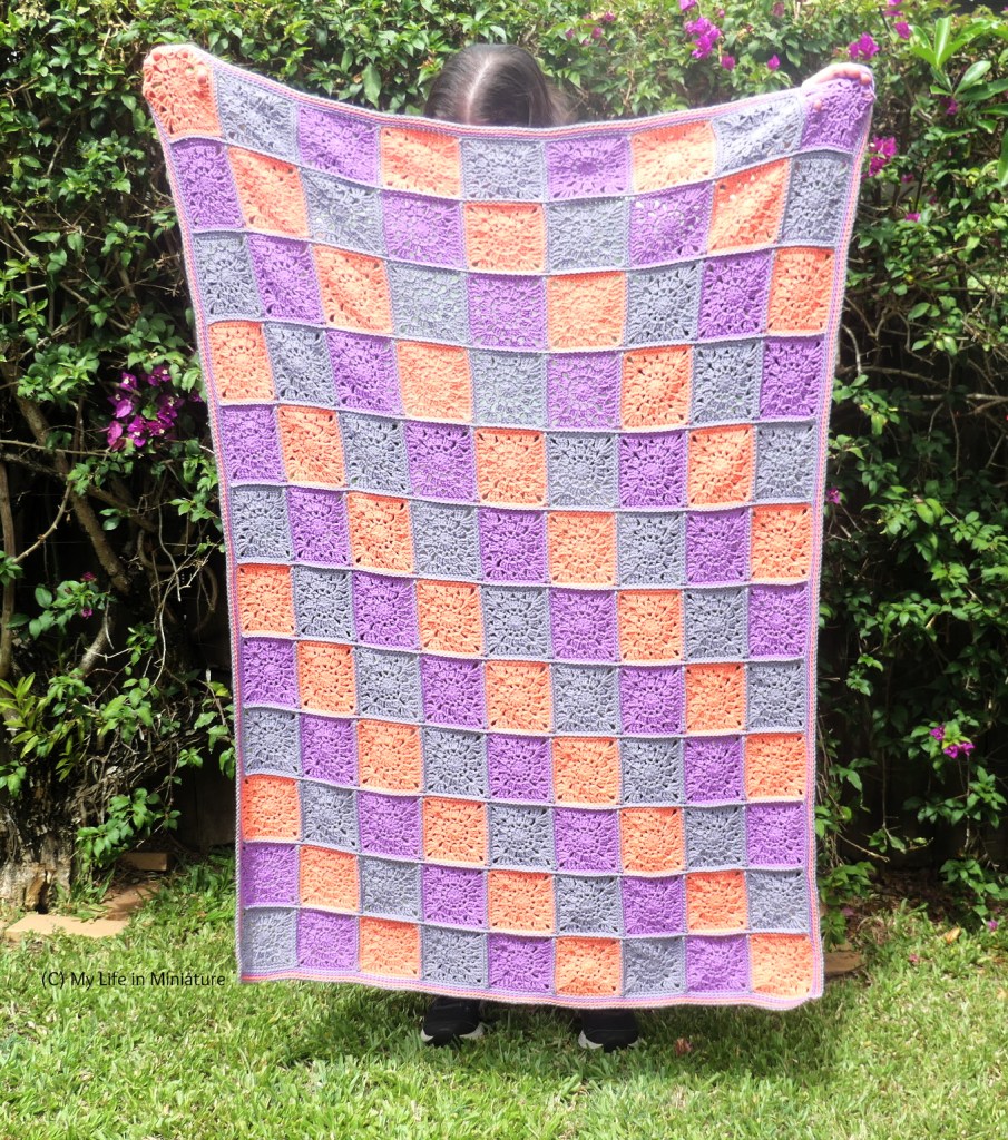 The author stands in front of a hedge, mostly obscured by the crocheted blanket she's holding. The blanket is made of peach, purple, and grey squares, and is rectangular. The squares are arranged in diagonal rows from bottom-left to top-right. 